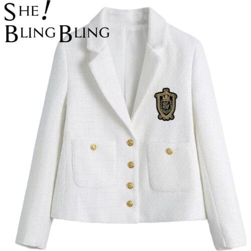 SheBlingBling Vintage College Style Women WhiteTweed Jacket Single-breasted Pocket Female Uniform Coat Casaco Femme Urban