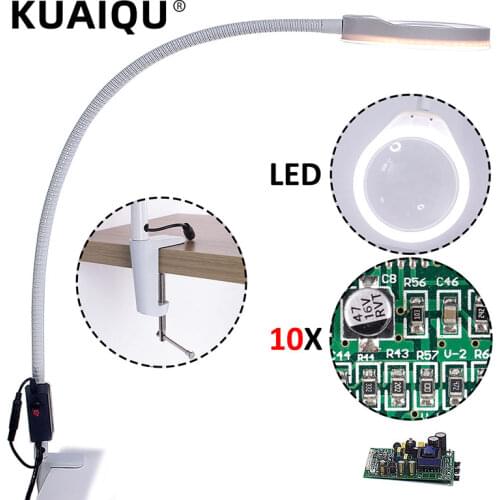 High Quality 8X 10X Desk Large clip LED Magnifying Glass Illuminated Magnifier Lamp Loupe Reading Rework Soldering Lengthen arms