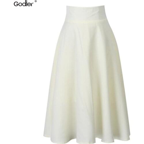 Godier New Spring Summer Women A Line Midi Skirt Elastic Waist Casual Pure Color Female Skirts Office Lady Elegant Skirt
