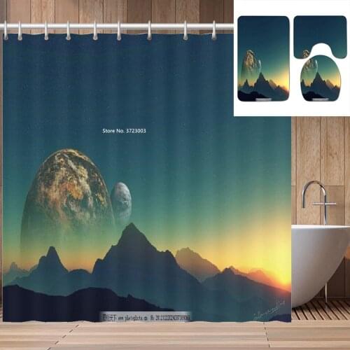 Natural Landscape Printed Shower Curtain Set Bathroom Non-slip Bath Mat Toilet Mat Multi-size Shower Curtain 4-piece Set