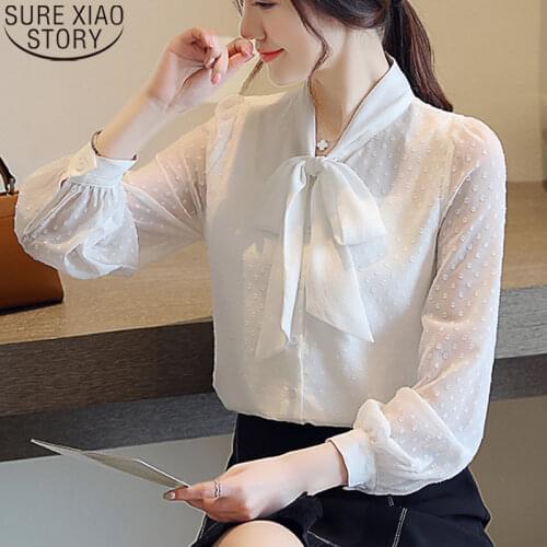 Women Long Sleeve Shirts White Chiffon Blouses Autumn 2021 Solid Elegant Bow Slim Fit Ladies Tops Blusas Mujer De Moda 10703