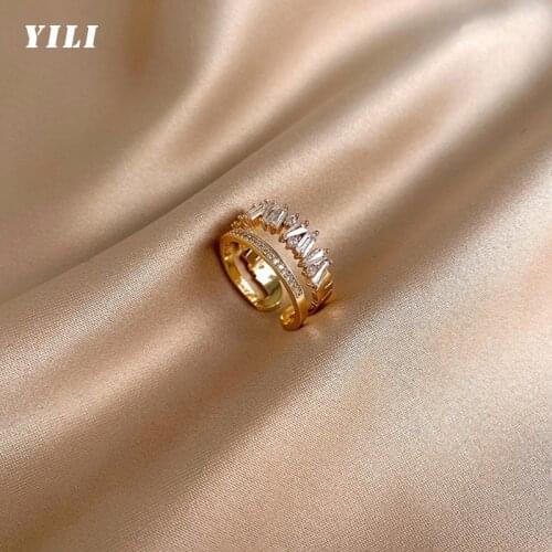 2021 New Fashion Zircon Double Rings Luxury CZ Layer Opening Rings for Women Finger Jewelry Gold/Silver Girls Wedding Party Gift