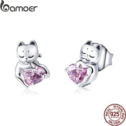 BAMOER New Arrival 925 Sterling Silver Cat Pussy Pink Cubic Zircon Small Stud Earrings for Women Fashion Silver Jewelry SCE453