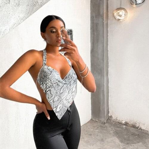 Snake Print Sparkly Top Rhinestones Women Cropped Top Metallic Top V Neck Backless Shinny Deep V Neck Halter Chain Top 2021