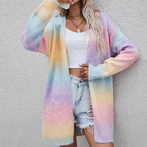 Autumn vintage cardigans winter new womens sweater 2021 rainbow tie-dye mid-length plus size cardigan knitted sweater jacket