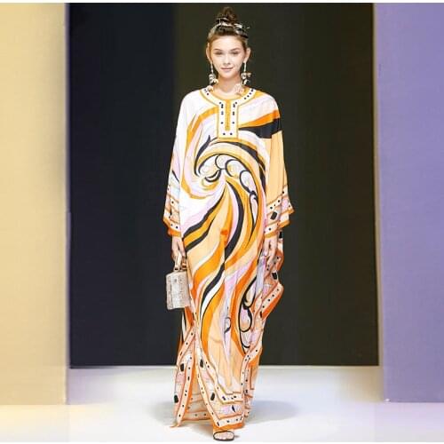 Seifrmann Summer Women Fashion Designer Maxi Dress Batwing Sleeve Dot Printed Loose Ladies Split Casual Loose Long Dresses 2021