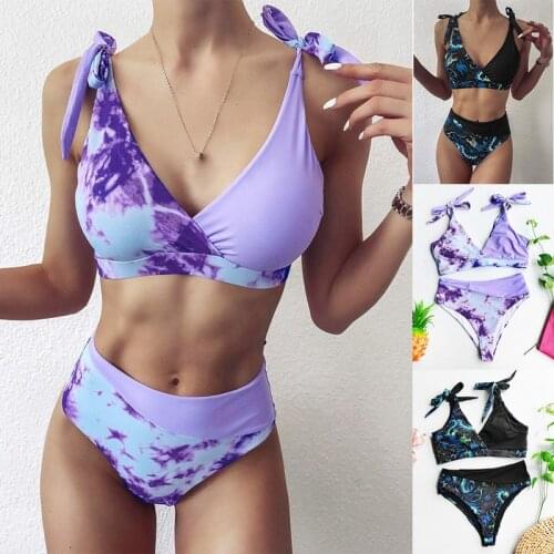 Womens Sexy Bikini 2-Piece Lace Stitching Tie-Dye Printing High Waist Split Swimsuit Suit