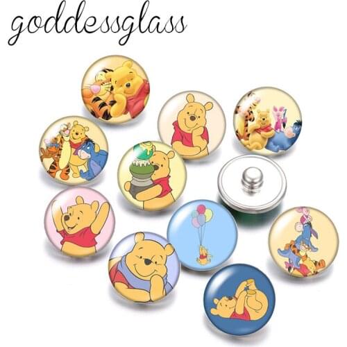 Disney Winnie Pooh and Friends Piglet Tigger eeyore 10pcs Round photo glass 18mm snap buttons for 18mm snap bracelets jewelry