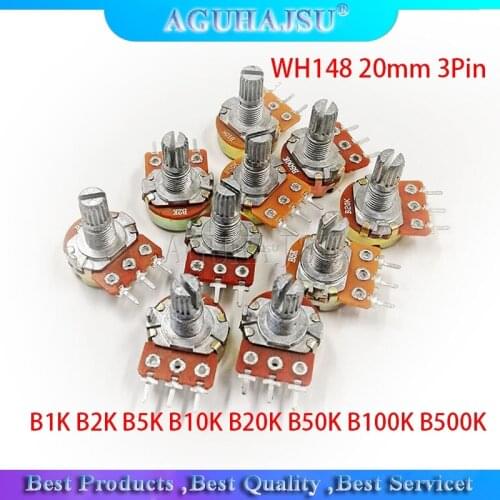 10pcs WH148 20mm Shaft Amplifier Dual Stereo Potentiometer B1K B2K B5K B10K B20K B50K B100K B500K 3Pin 1K 2K 5K 10K 50K 100K