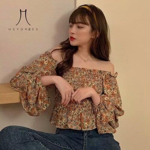 Heydress 2021 New Spring Flower Shirt Women Casual Vintage Puff Long Slevee Floral Blouse French Women Square Collar Korean Tops