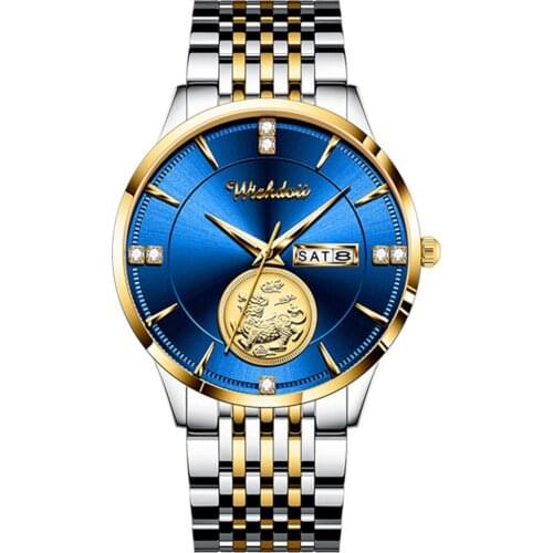 Montre Homme WISHDOIT Mens Casual Business Blue Top Brand Luxury Stainless Steel Wrist Watch Fashion Calendar Week Clock