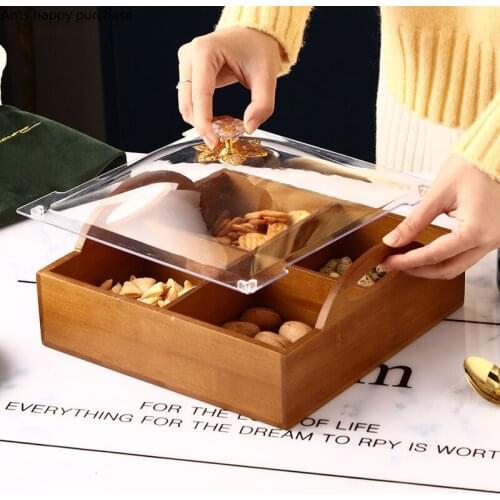 Wood Storage Candy Box 4 Cells Snack Plate Snacks Platter Square Dried Fruit Box Tray with Transparent Acrylic Cover Candy Boxes