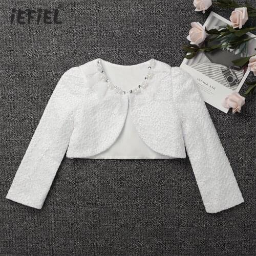 2020 Kids Girls Cropped Bolero Top Long Sleeves Flower Girls Clothes Shrug Bolero Coats White Lace Open Front Lace Cardigan Tops