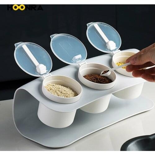 HOONRA Three-cell Seasoning Box Spice jar Seasoning Storage Container For Spice Salt Sugar Cruet Condiment Jars With Spoons