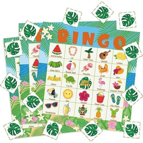 41Pcs Hawaiian Bingo Game Tropical Summer Theme Set 24 Players Activity Favors Puzzle Toy Luau Aloha Party Supplies for Kids