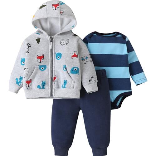 Baby boy girl clothes set long sleeve hooded jacket+romper+pant cotton unisex newborn clothing 2020 cartoon animal outfit 6-24M