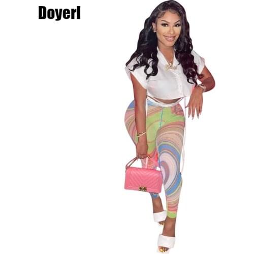 Summer Women Set Sexy Two Piece Set Club Outfits for Women Night Party Shirt Crop Top and Mesh Printed Leggings Set Pant Suits