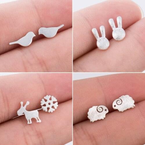 Fashion Mini Animal Earrings Silver Color Cute Bird Sheep Rabit Deer Stud Earing Women Jewelry Snowflake Christmas Earing Brinco