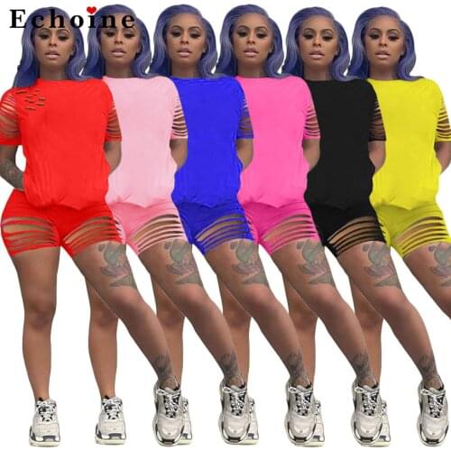 Fashion Womens Solid Color Burnt Flower Sports Suit Two-Piece Set Sports Casual Lounge Wear T-shirt Hole Hollow Out Tracksuits