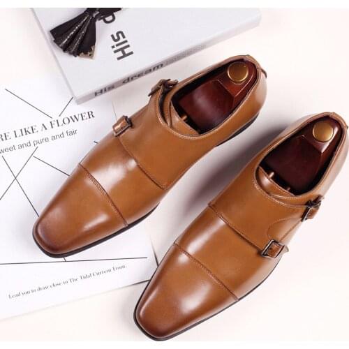 Newest Mens Double Monk Strap Shoes Oxford Leather Mens Square Toe Classic Dress Shoes Casual Comfortable Gradual Color Loafer
