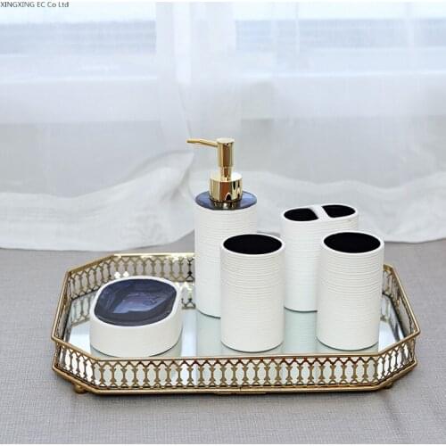 Nordic Bathroom Set Toothbrush Holder Ceramic Craft Lotion Bottle Toothpaste Dispenser Mirror Glass Storage Tray Home Decoration