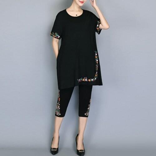 2021 New Summer Two Piece Set Women Black Flower Printed Fashion Tracksuit Loose 2 Piece Pants Set Plus Size 5XL Conjunto D75
