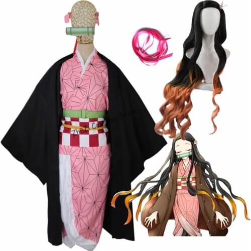 New Kamado Nezuko Anime Cosplay Costume Wig Demon Slayer Kimetsu no Yaiba Kimono Uniform Cloak Full Set Halloween Gradient Hair