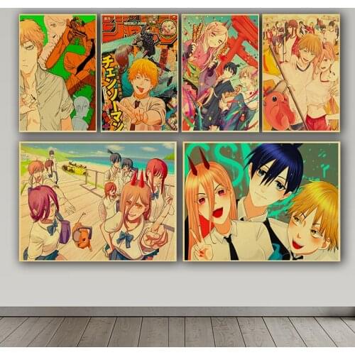 Poster Vintage Decor Retro Chainsaw Man Poster Anime Canvas Painting Wall Decor Art Print Picture for Home Room Decoration