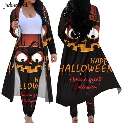 Jackherelook Happy Halloween Pumpkin Print Casual Women 2 Piece Outfits Open Front Cardigan Leggings High Waist Long Pants Set