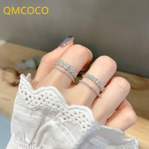 QMCOCO 925 Silver Classic Elegance Zircon Double-Deck Ring Design Open Adjustable Korea Style Woman Party Jewelry Gift