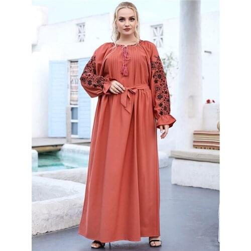 Plus Size Women Muslim Maxi Dress Dubai Abaya Turkey Kaftan Embroidery Lace Up Caftan Eid Ramadan Islamic Clothing Moroccan Gown