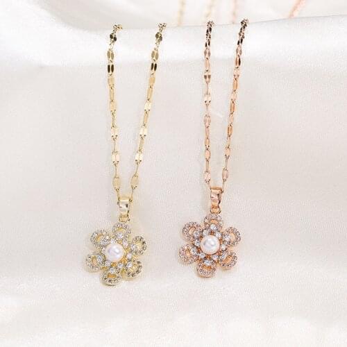 Flower Pearl Micro Inlaid Zircon Stainless Steel Necklace Rose Gold Non-Fading Simple Clavicle Chain Necklaces for Women