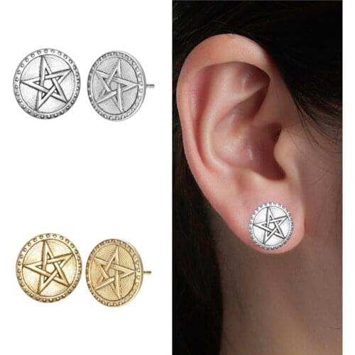 Kinitial New Retro Disc Round Stud Earrings Simple Star Earrings for Women Party Statement Jewelry Brincos