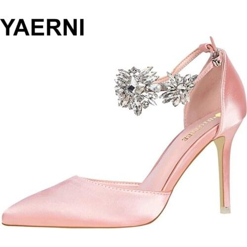 YAERNI high heels shoes pumps quality shoes flower crystal rhinestone satin wedding shoes woman pumps thin heel shoes ladiesshoe