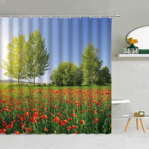 Spring Flowers Field Scenery Shower Curtains Green Plant Tree Floral Blue Sky Sunny Swan Waterproof Bath Decor Hooks Curtain Set