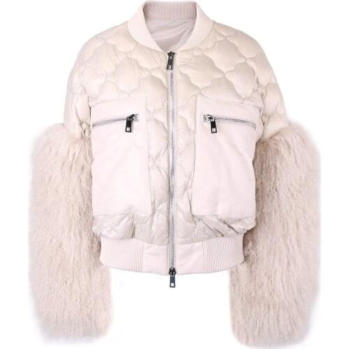 YOLOAgian 2021 New Winter Warm Women Real Leather Jacket With Sheep Fur Sleeve Outerwear