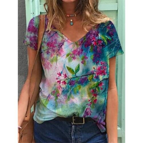 Short Sleeve Casual Women Blouse Shirt Summer Flower Print Tops 3D Street Fashion Female V-Neck Loose Pullover Shirt Tops
