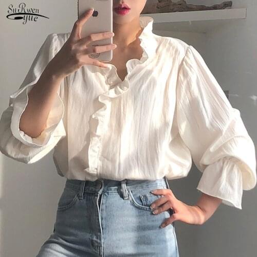 2021 New Gentle Hot Sale High Quality Women Chic All Match Blouses White Ruffles Sweet Large Size Solid Shirts Streetwear 13467