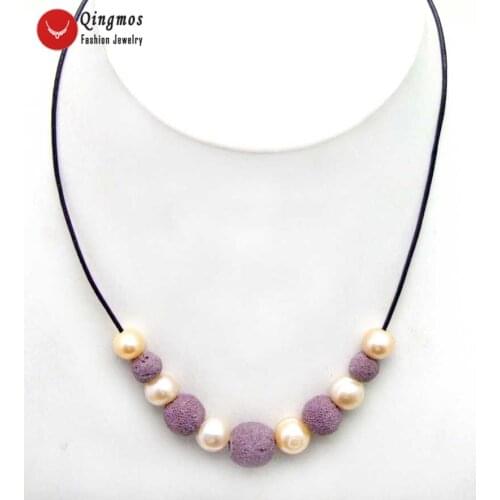 Qingmos Natural Pearl Pendant Necklace for Women with 11mm Pink Potato Purple Pearl Necklace Lava Rock 18" Chokers Leather n5909