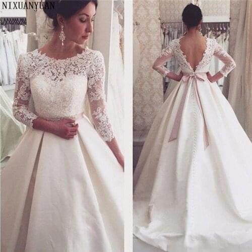 Vestido De Noiva 2021 Wedding Dresses Long A-Line 3/4 Sleeves Appliques Lace Sexy Backless Wedding Gown Bridal Dresses