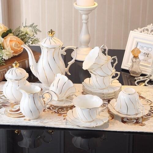 Gold Inlay Bone China Coffee Set Europe Porcelain Tea Set Ceramic Pot Creamer Sugar Bowl Teapot Coffee Cup Tea Mug Coffeeware