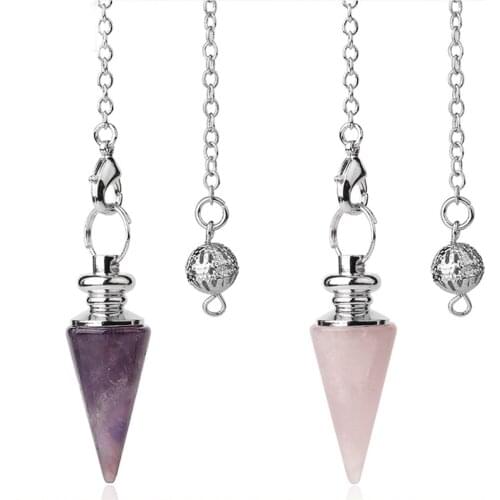 1PC Conical Pendulum Natural Stone Taper Pendulums Silver Color Chain Crystal Pendants For Dowsing Spiritual Reiki Jewelry Gift