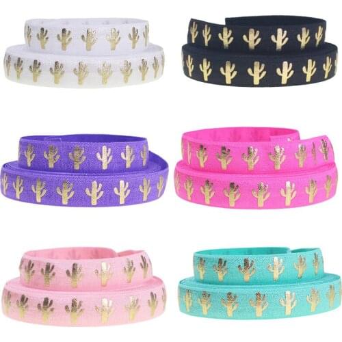 100yards/lot Gold Foil Cactus FOE Ribbon Cacti Fold Over Elastic Hair ties accessories welcome custom design