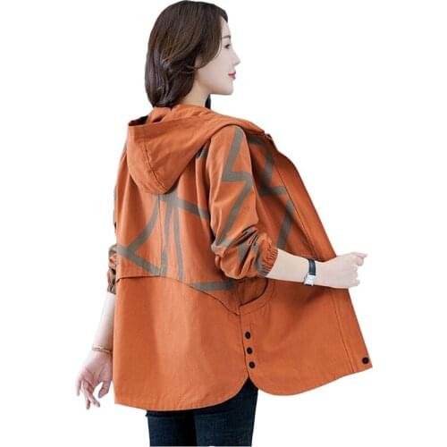 2021 Plus Size Middle-aged Womens Trench Coat Spring Autumn Hooded Windbreaker Casual Tops Print Comfortable Outerwear KW510