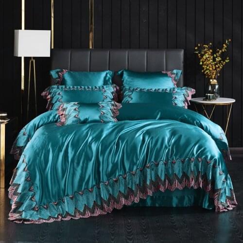 French Style Luxurious Lace Embroidery Heavy Silk Cotton Bedding Set Duvet Cover Sheet Pillowcase King QUeen 4 PCS