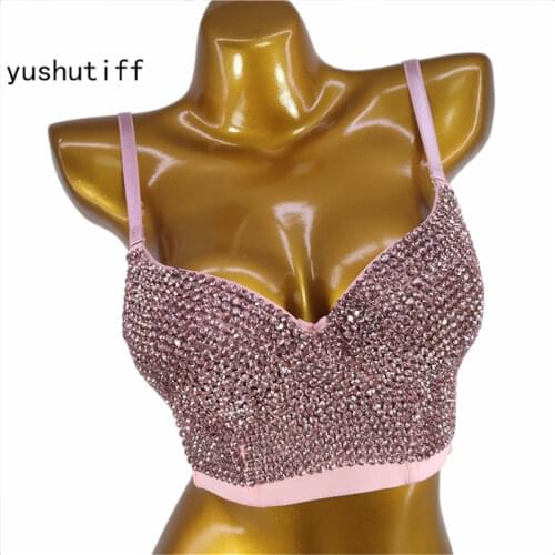 Spring Sexy Feather Beading Top Female Crop Top Women Nightclub Performance White Cami Tops With Built In Bra Push Up Bralette