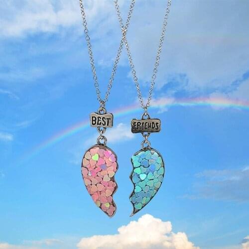 2Pcs /Set Sequin Stitching Pink Blue Heart Broken Best Friends Necklace Pendant Chain BFF Friendship Jewelry Gifts for Kids
