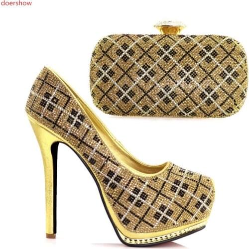 Doershow Italian Shoe With Matching Bag For Party GOLD Stones Wedding Shoes And Bag Set High Quality Women Pumps JJC1-2