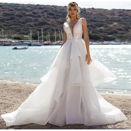 Elegant A-Line V Neck Ruffles Tiered Boho Beach Wedding Dresses Deep V Neck Sleeveless Orgnza Bridal Gowns Custom