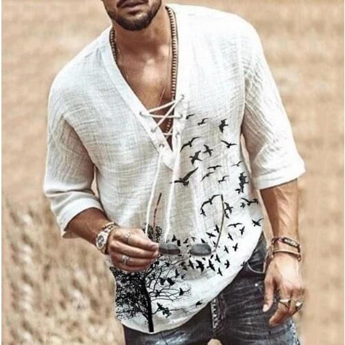 Tee Shirt Summer Men Printed V Neck Front Lace Up Middle Sleeve Loose Tee Shirt Spring Pullover Vacation Streetwear футболка